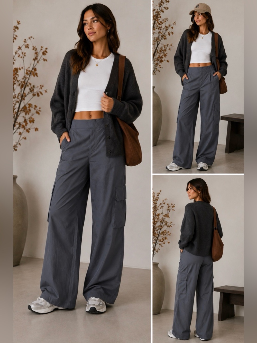 Wilo The Label Grey Wide Leg Cargo Pants Size L NWT Nylon Parachute